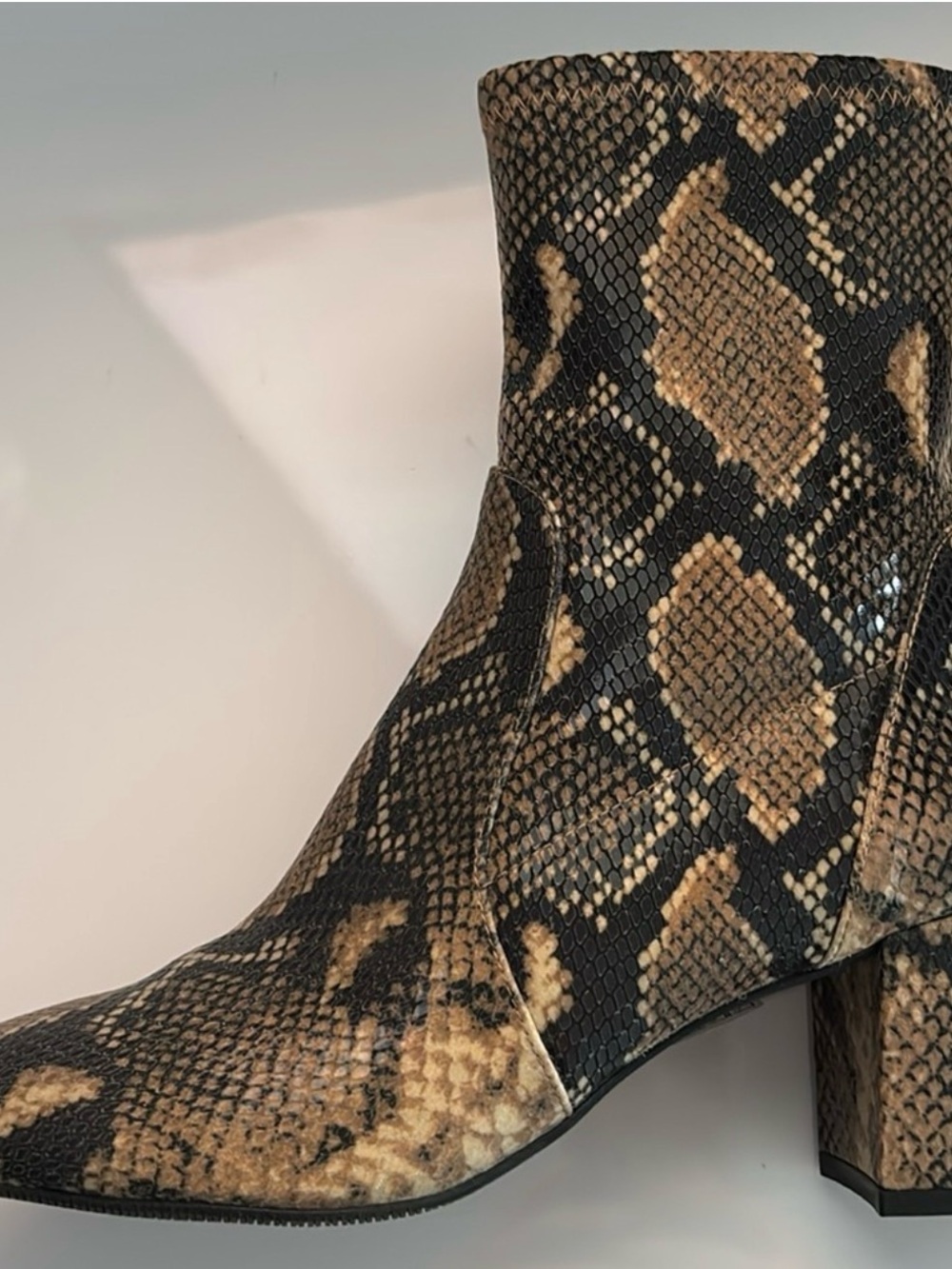 Stuart Weitzman Tan and Black Leather Snake-Print Block Heel Ankle Boots - Picture 2 of 8